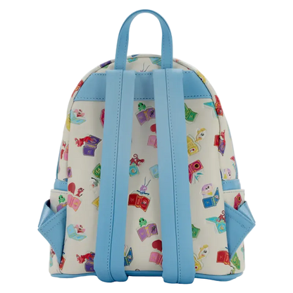 Backpack with colorful pattern and blue straps on a white background