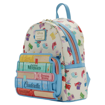 Backpack with Disney book design and character illustrations on a white background