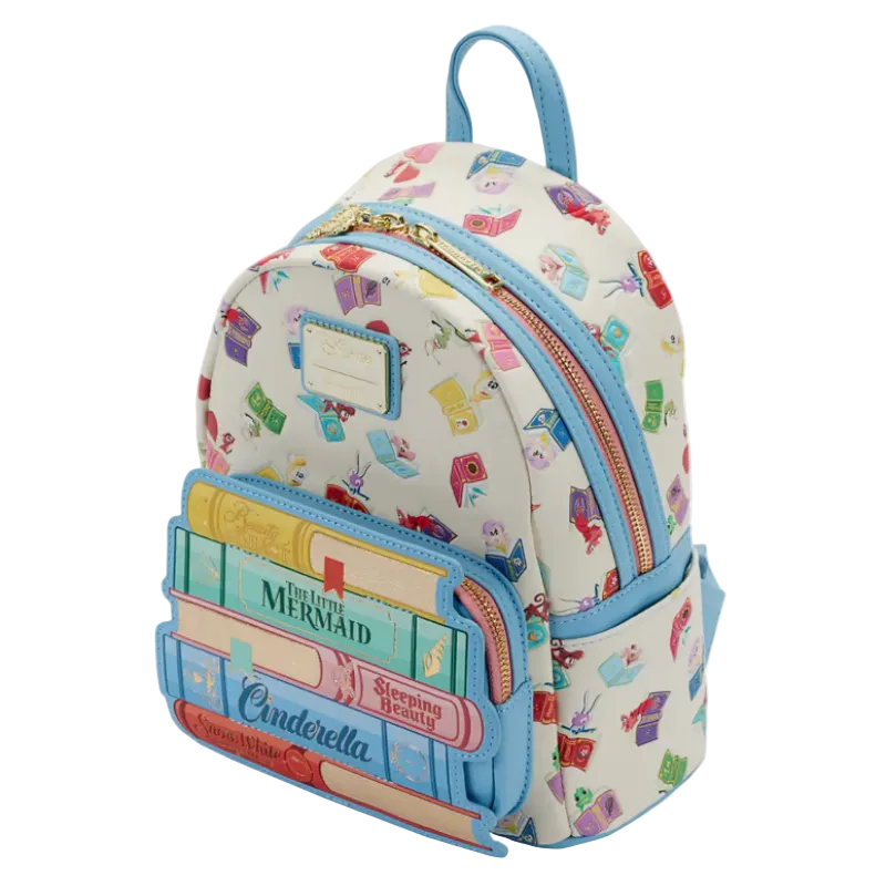 Backpack with book design and colorful pattern on a white background