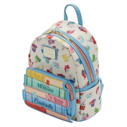 Backpack with book design and colorful pattern on a white background