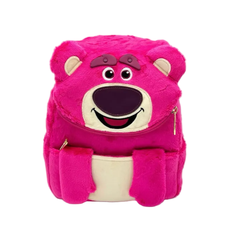 Pink plush backpack with cartoon face on a white background