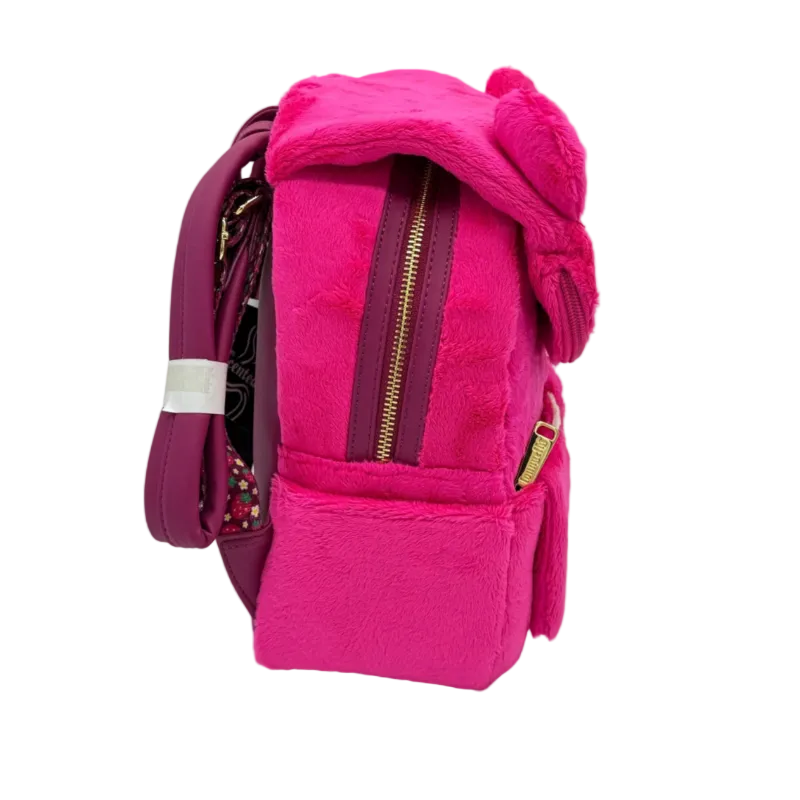 Pink backpack with a fluffy hood on a light gray background