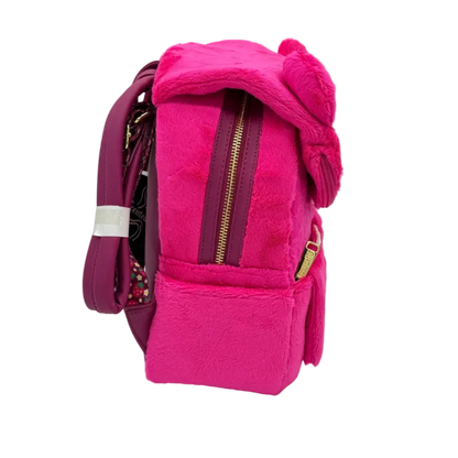 Pink backpack with a fluffy hood on a light gray background