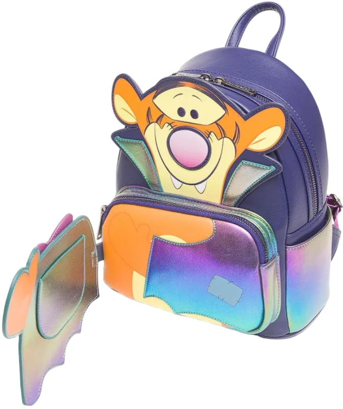 Colorful backpack with a cartoon character design on a white background