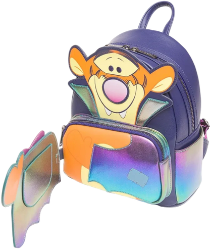 Colorful backpack with a cartoon character design on a white background
