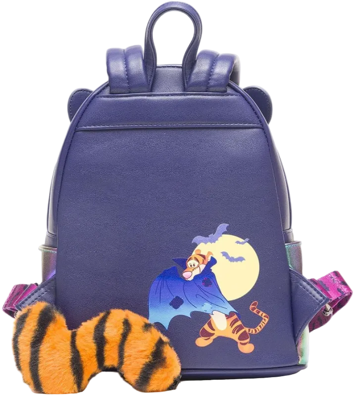 Blue backpack with cartoon character design on a white background