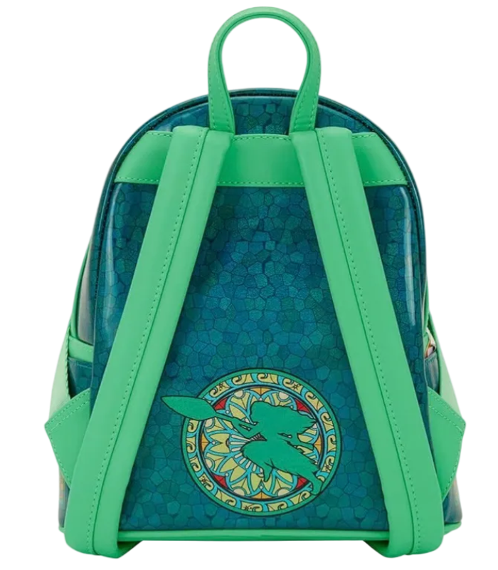 Green and blue backpack with a decorative emblem on a white background