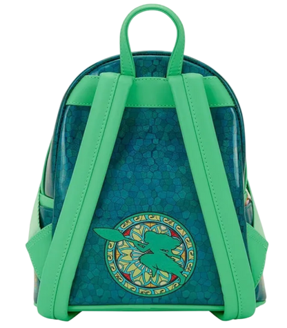 Green and blue backpack with a decorative emblem on a white background