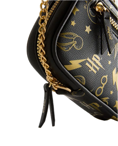 Black handbag with gold accents and Harry Potter logo on a light gray background