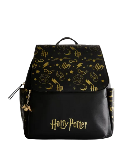 Black backpack with gold Harry Potter logos on a light gray background