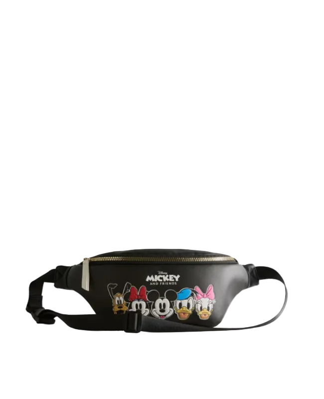 Black waist bag with cartoon character designs on a white background