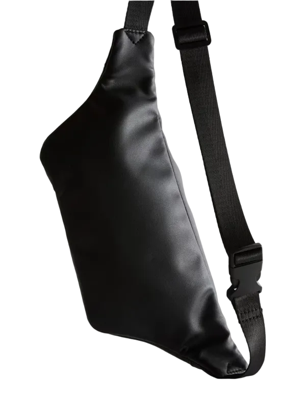 Black satin crossbody bag on a light gray background