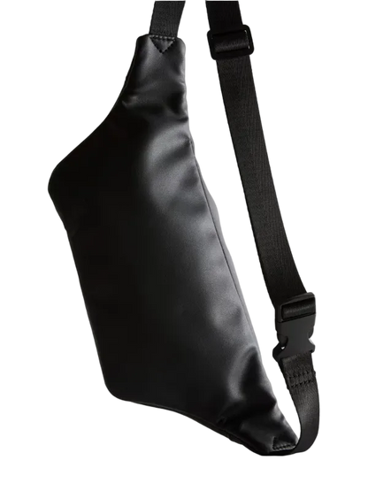 Black satin crossbody bag on a light gray background