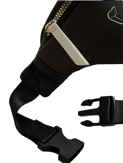 Black waist bag with gold zipper and black strap on a white background