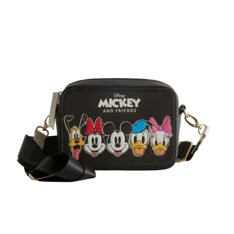 Black crossbody bag with cartoon characters and 'Disney Mickey and Friends' text on a white background