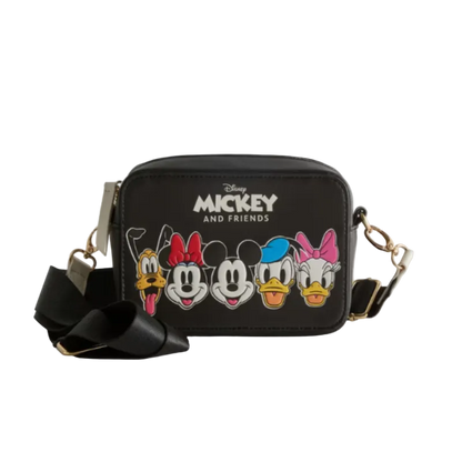 Black crossbody bag with cartoon characters and 'Disney Mickey and Friends' text on a white background