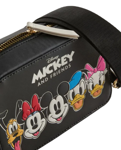Black bag with Mickey and Friends characters on a light gray background