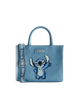 Blue quilted handbag with a character design on a light gray background