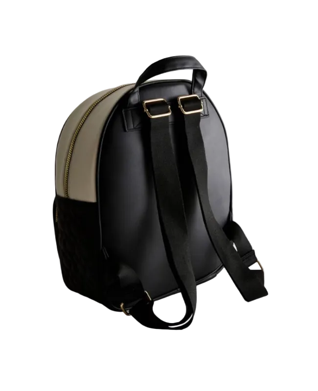 Black and beige backpack on a light gray background