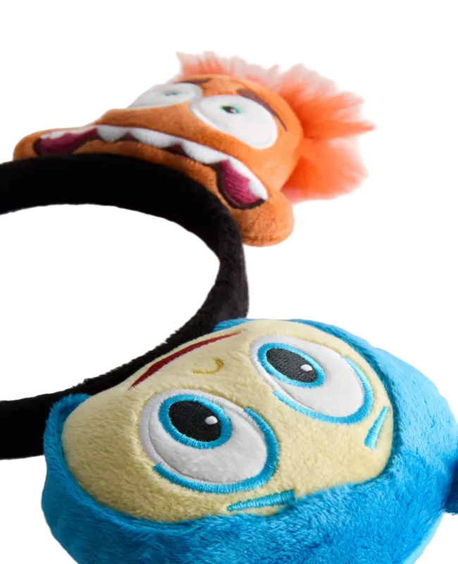 Two plush toys with exaggerated facial expressions on a white background