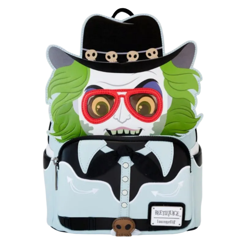 Backpack with a character design featuring a face with red sunglasses, green hair, and a black hat.