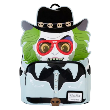 Backpack with a character design featuring a face with red sunglasses, green hair, and a black hat.