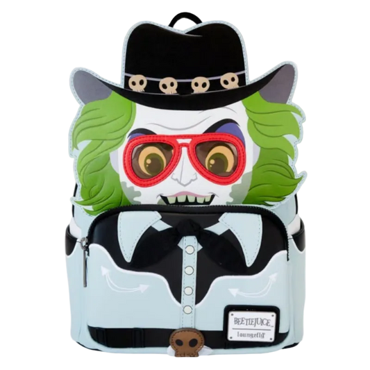 Backpack with a character design featuring a face with red sunglasses, green hair, and a black hat.