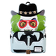 Backpack with a character design featuring a face with red sunglasses, green hair, and a black hat.
