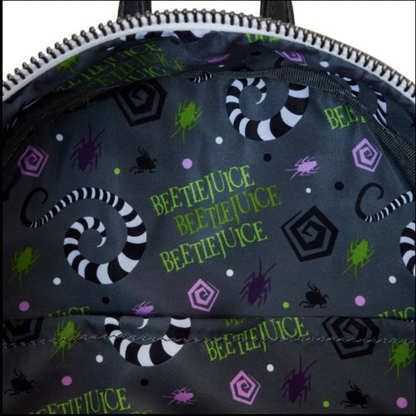 Backpack with Beetlejuice pattern featuring text and graphics on a dark background