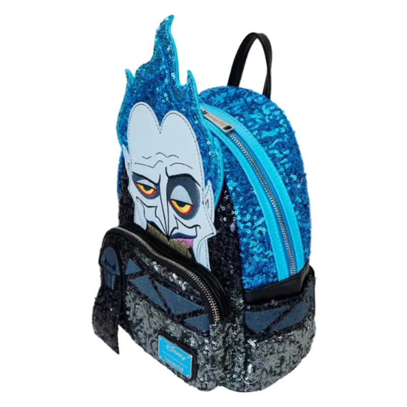 Backpack with sequin design featuring a character face on a white background