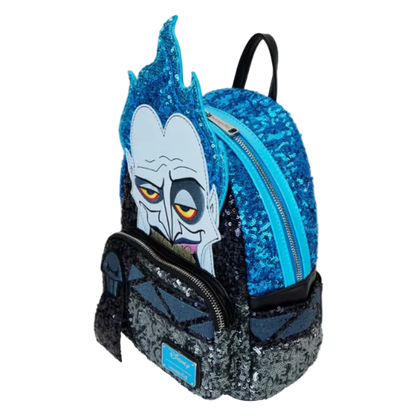 Backpack with sequin design featuring a character face on a white background