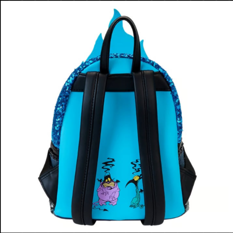 Blue backpack with cartoon character design on a white background