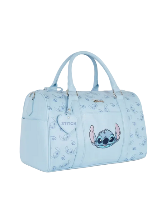 Light blue duffel bag with cartoon character on a white background