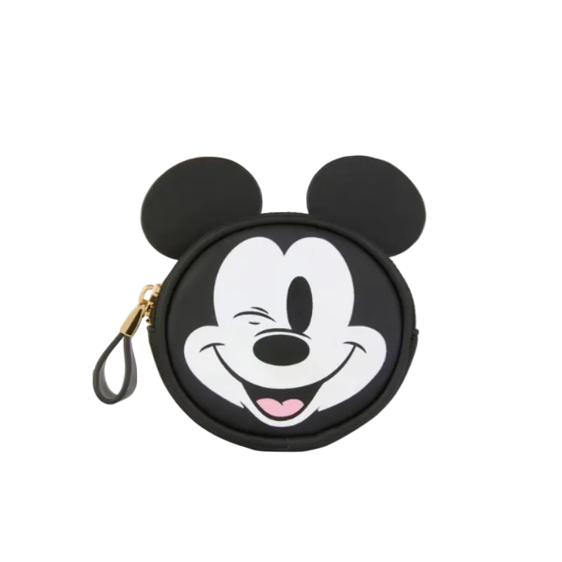 Circular pouch with a cartoon face design on a white background