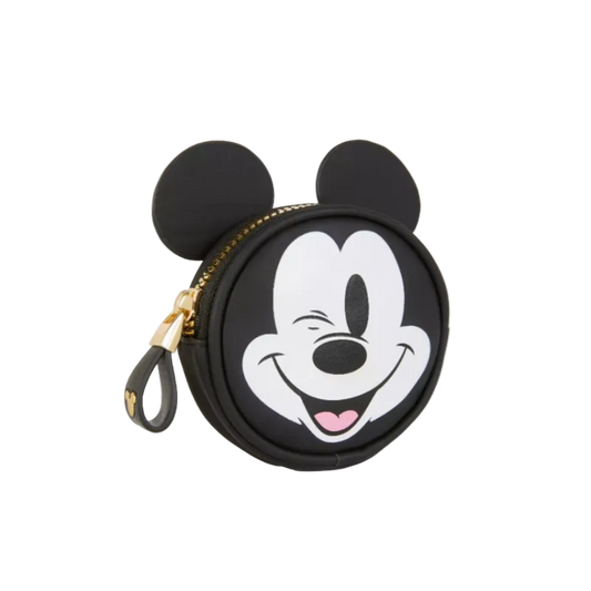 Black round pouch with a smiley face design on a white background