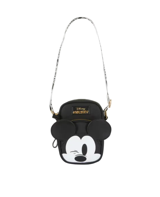 Black crossbody bag with Mickey Mouse design on a white background