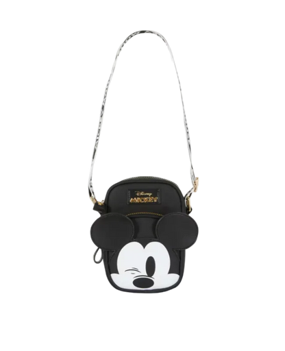 Black crossbody bag with Mickey Mouse design on a white background