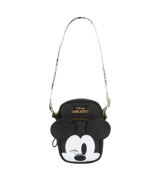 Black crossbody bag with Mickey Mouse design on a white background