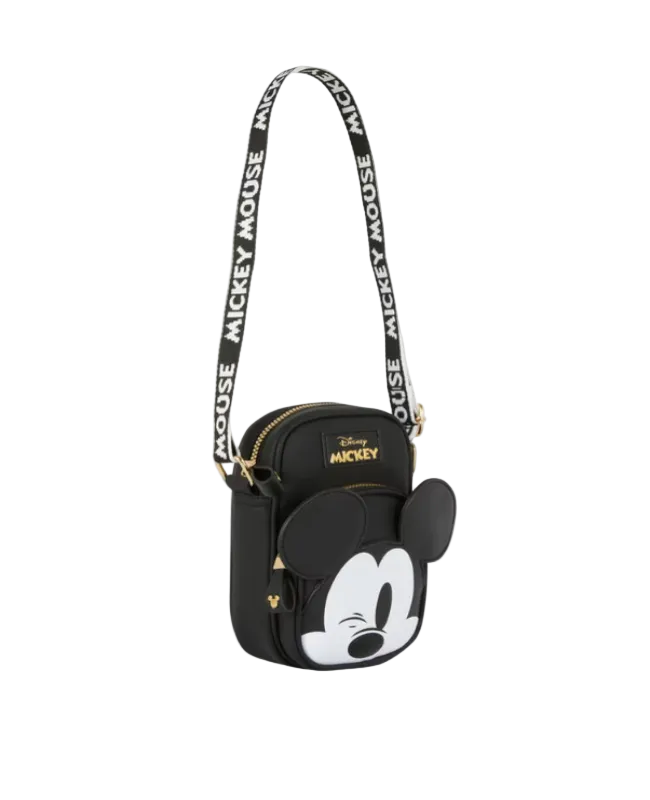 Black and white crossbody bag with Mickey Mouse design on a light gray background