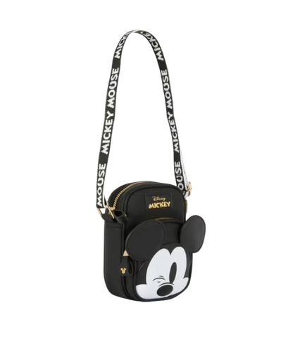 Black and white crossbody bag with Mickey Mouse design on a light gray background