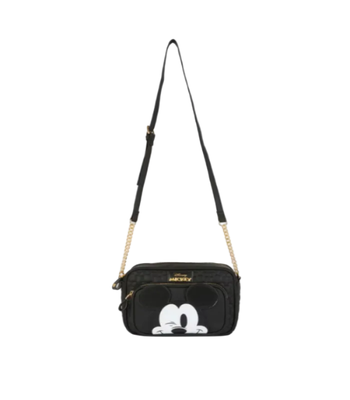 Black crossbody bag with a cartoon character design on a white background