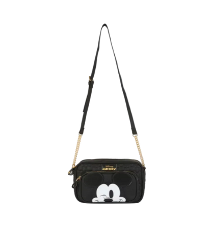 Black crossbody bag with a cartoon character design on a white background