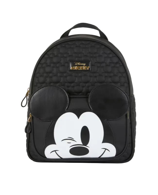 Black backpack with Mickey Mouse design on a white background