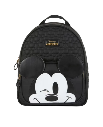 Black backpack with Mickey Mouse design on a white background