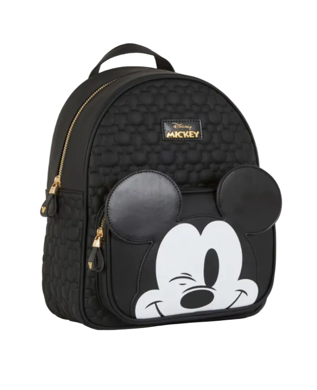 Black backpack with a cartoon character design on a white background