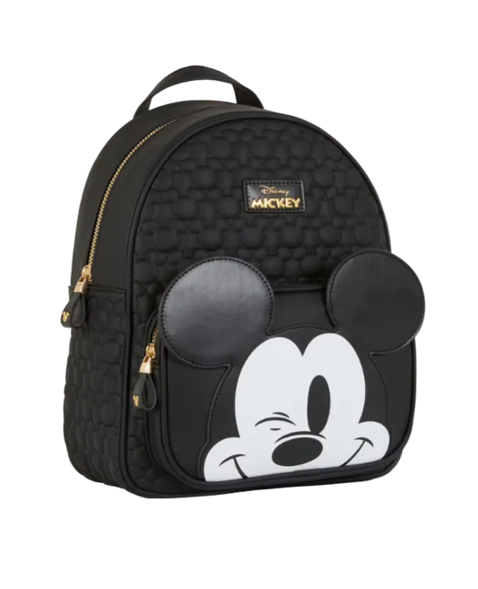 Black backpack with a cartoon character design on a white background