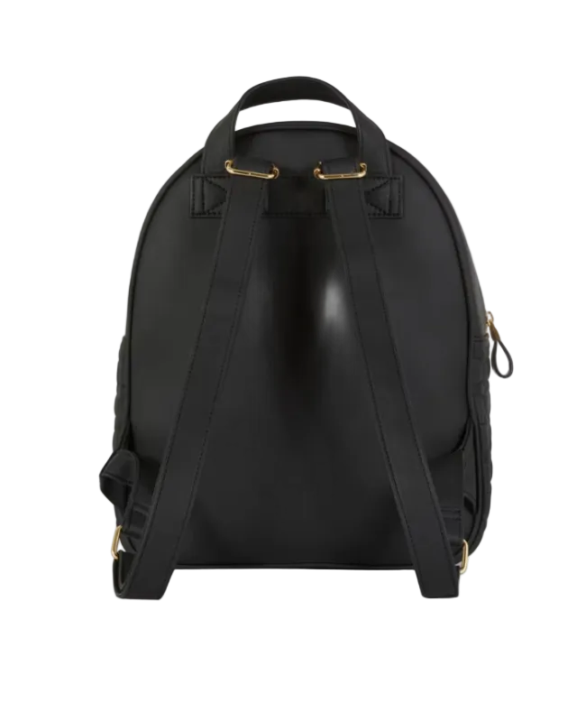 Black backpack with gold accents on a white background
