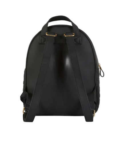 Black backpack with gold accents on a white background