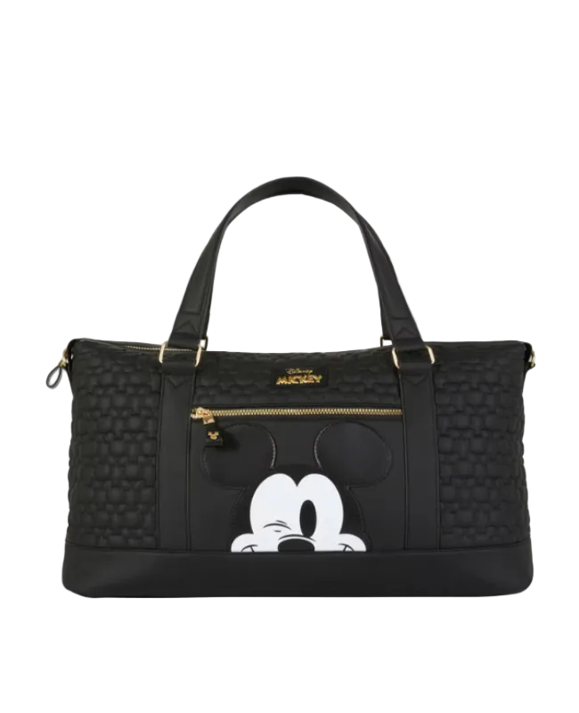 Black handbag with a cartoon character design on a white background