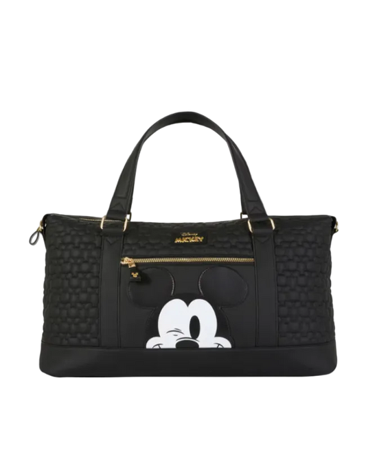 Black handbag with a cartoon character design on a white background